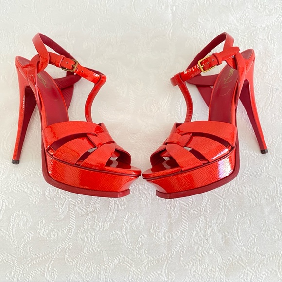 Yves Saint Laurent Shoes - Saint Laurent coral red Tribute Patent Leather Platform Sandals